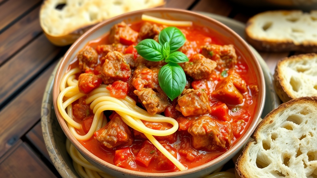 Bold and Flavorful Pork Ragu Recipe A delicious bowl of Pork Ragu with pasta and fresh basil on a rustic table.